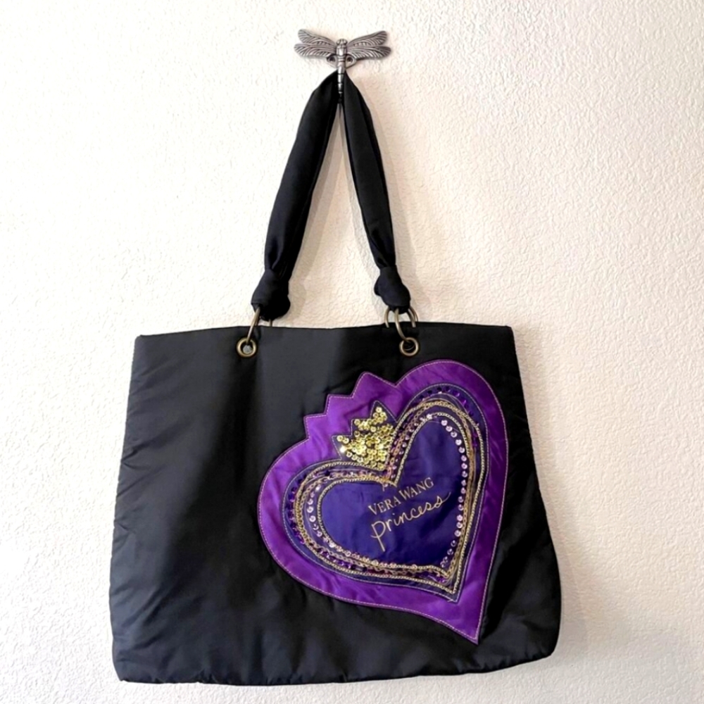 PRINCESS VERA WANG Y2K PURPLE HEART SEQUIN TIARA BLACK TOTE BAG PURSE